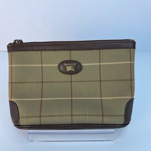 Burberry Vintage Pouch Check Clutch Bag Canvas Leather Zipper Closure